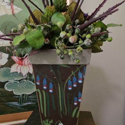 Sale Photo Thumbnail #839: Hand-Painted Toleware Tapered Vase with Artificial Floral Arrangement