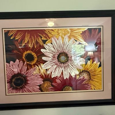 Sale Photo Thumbnail #528: Framed Floral Print with Sunflowers and Daisies