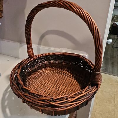 Sale Photo Thumbnail #599: Vintage Hand-Woven Willow Gathering Basket with Twisted Handle