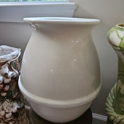 Sale Photo Thumbnail #691: Vintage White Ceramic Garden Urn with Lion Head Handles