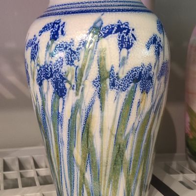 Sale Photo Thumbnail #660: Vintage Blue and White Iris Floral Vase