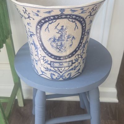 Sale Photo Thumbnail #671: Blue and White Ceramic Jardiniere with Heraldic Crest by Petrus Regout & Co.