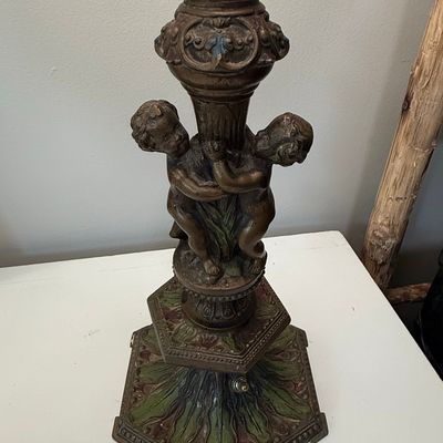Vintage Cherub Figural Table Lamp with Lace Shade