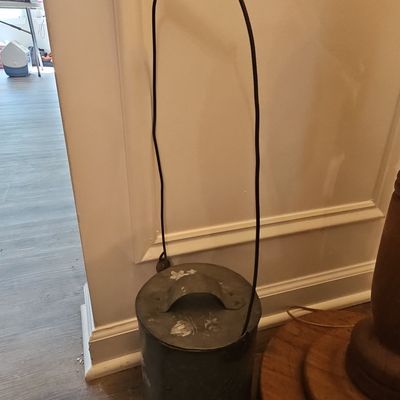 Sale Photo Thumbnail #605: Vintage Tole Painted Tin Pail with Bale Handle - Possibly a Coal Miner's Lunch Pail