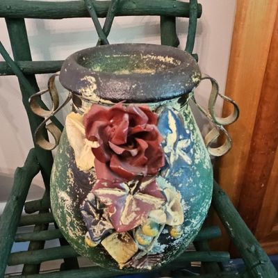 Sale Photo Thumbnail #710: Vintage Painted Metal Decorative Urn with Applied Roses