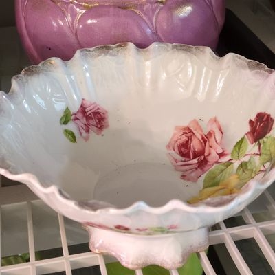 Sale Photo Thumbnail #776: Antique Silesia Germany Porcelain Footed Bowl with Pink Roses