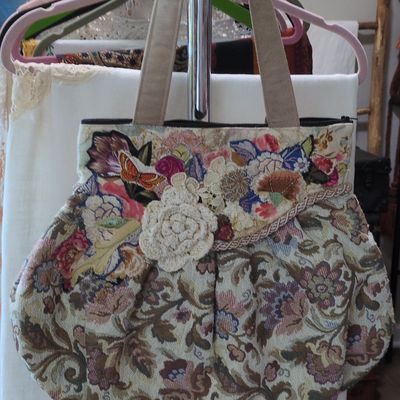 Sale Photo Thumbnail #443: Vintage Floral Tapestry Carpet Bag with Crochet Appliqué