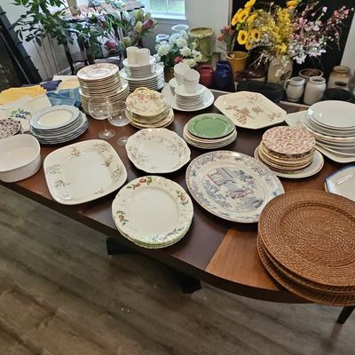 Sale Photo Thumbnail #210: Mixed Assortment of Vintage and Contemporary Tableware including Johnson Brothers, Limoges, and Royal Crown Derby