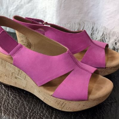 Sale Photo Thumbnail #441: Clarks Artisan Caslynn Shae Fuchsia Suede Wedge Sandals