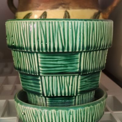 Sale Photo Thumbnail #734: McCoy Pottery Basketweave Planter with Drip Saucer