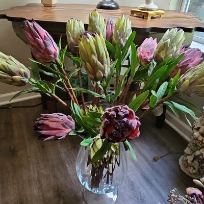Sale Photo Thumbnail #816: Artificial Protea Flower Arrangement in Glass Vase