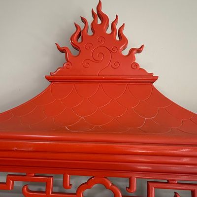 Vintage Red Lacquered Pagoda Chinoiserie Mirror