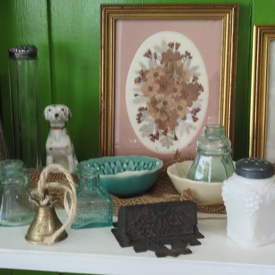 Collection of Vintage Decorative Smalls - Including Milk Glass Shaker, Porcelain Dog, Brass Bell, Cast Iron Boot Scraper, Pressed Glass...