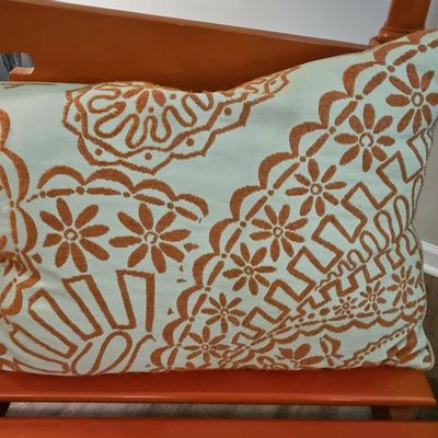 Sale Photo Thumbnail #147: Decorative Accent Pillow with Folk-Inspired Embroidery - Burnt Orange and Mint Green