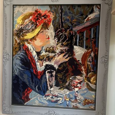 Sale Photo Thumbnail #502: Vintage Needlepoint Tapestry - Woman with Dog (After Renoir)