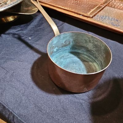 Sale Photo Thumbnail #201: Vintage French Copper Saucepan with Brass Handle