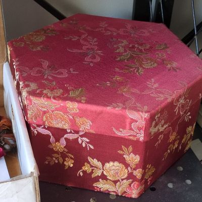 Sale Photo Thumbnail #460: Vintage Red Brocade Hexagonal Jewelry Box