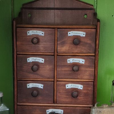 Antique Wooden Spice Cabinet with Ceramic Labels