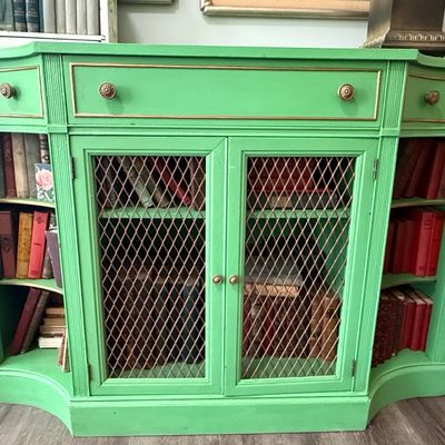 Custom Painted Bow-Front Credenza with Wire Mesh Doors in Emerald Green