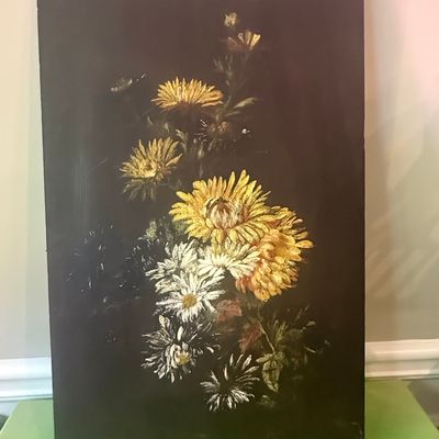 Sale Photo Thumbnail #489: Vintage Floral Oil Painting on Wood Panel - Chrysanthemums