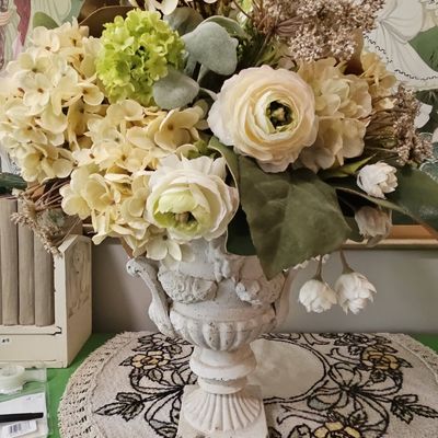 Sale Photo Thumbnail #817: Decorative Plaster Urn with Hydrangea and Rose Arrangement