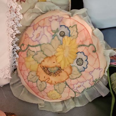 Sale Photo Thumbnail #157: Vintage Floral Embroidered Round Accent Pillow