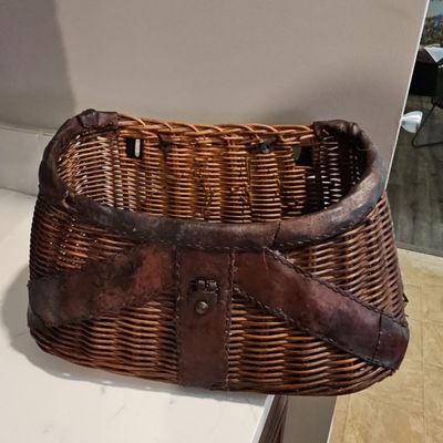 Sale Photo Thumbnail #588: Vintage Wicker Fishing Creel Basket with Leather Straps