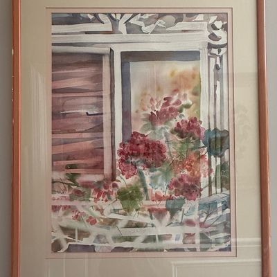 Sale Photo Thumbnail #527: Watercolor Painting of Geraniums in Window by Cathy Cranford Futral