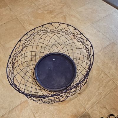 Sale Photo Thumbnail #620: Vintage Wire Egg Basket with Solid Base and Wooden Handle