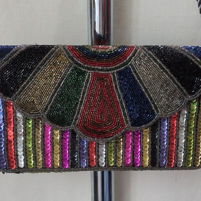 Sale Photo Thumbnail #424: Vintage Multi-Colored Beaded and Sequined Art Deco Fan Evening Clutch