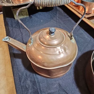 Sale Photo Thumbnail #221: Vintage Copper Tea Kettle with Ribbed Handle and Gooseneck Spout