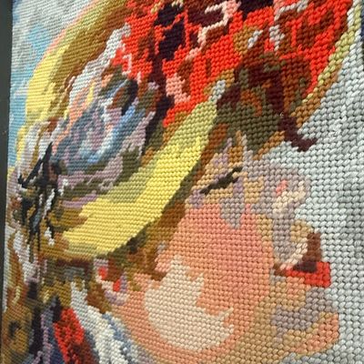 Sale Photo Thumbnail #503: Vintage Needlepoint Tapestry - Woman with Dog (After Renoir)