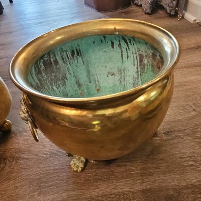 Sale Photo Thumbnail #562: Vintage Hammered Brass Cauldron Planter with Lion Paw Feet and Ring Handles