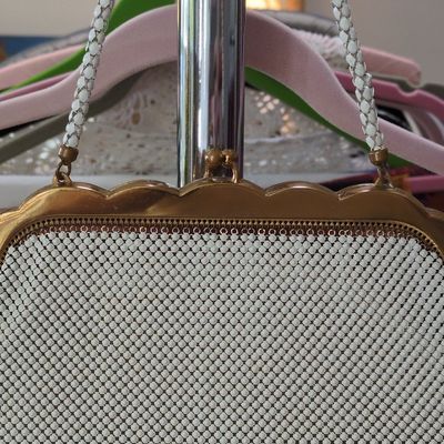 Sale Photo Thumbnail #405: Whiting & Davis White Enamel Mesh Handbag with Scalloped Frame