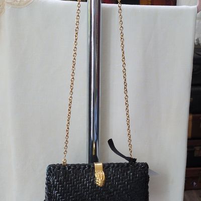 Sale Photo Thumbnail #380: Vintage Rodo Black Wicker Clutch with Gold-Tone Chain