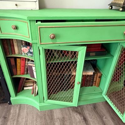 Custom Painted Bow-Front Credenza with Wire Mesh Doors in Emerald Green