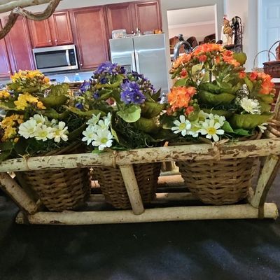 Sale Photo Thumbnail #569: Rustic Twig Triple Basket Planter with Artificial Flowers