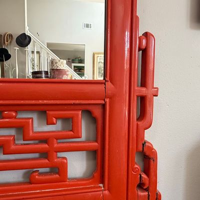 Vintage Red Lacquered Pagoda Chinoiserie Mirror