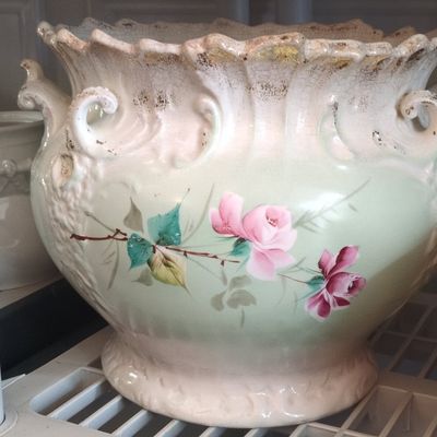 Sale Photo Thumbnail #715: Antique Limoges Hand-Painted Porcelain Jardiniere with Roses