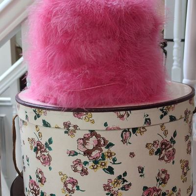 Sale Photo Thumbnail #387: Vintage Pink Feather Hat in Arnold Constable Hat Box