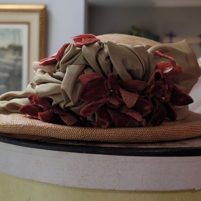 Sale Photo Thumbnail #408: Vintage Straw Millinery Hat with Silk and Velvet Floral Trim