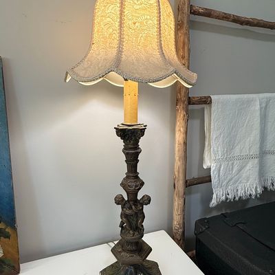 Vintage Cherub Figural Table Lamp with Lace Shade