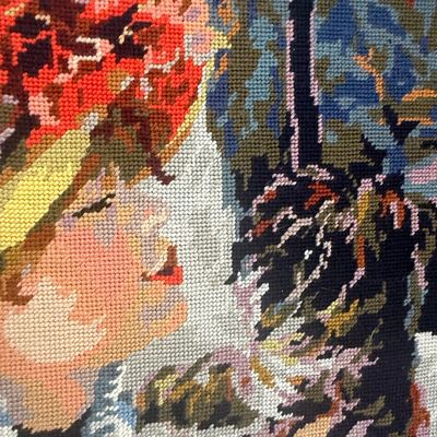 Sale Photo Thumbnail #505: Vintage Needlepoint Tapestry - Woman with Dog (After Renoir)