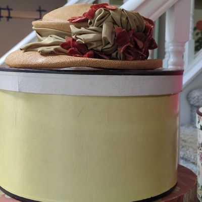 Sale Photo Thumbnail #409: Vintage Straw Millinery Hat with Silk and Velvet Floral Trim