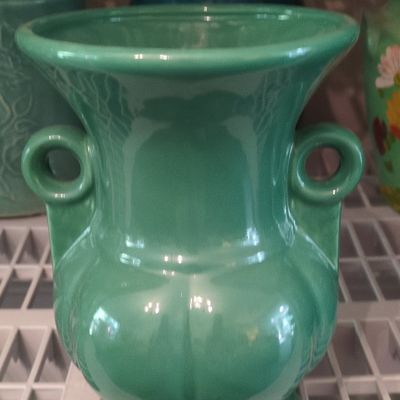 Sale Photo Thumbnail #657: McCoy Pottery Green Double-Handled Urn Vase