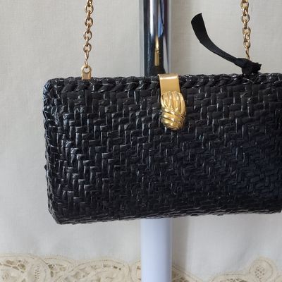Sale Photo Thumbnail #382: Vintage Rodo Black Wicker Clutch with Gold-Tone Chain