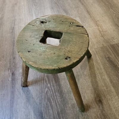 Sale Photo Thumbnail #214: Antique Primitive Three-Legged Milking Stool with Square Mortise Hole