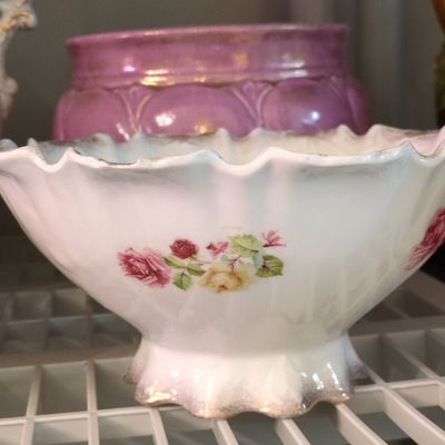 Sale Photo Thumbnail #779: Antique Silesia Germany Porcelain Footed Bowl with Pink Roses
