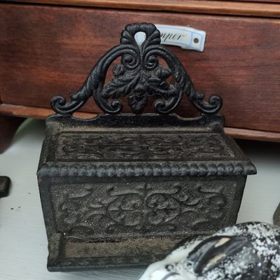 Sale Photo Thumbnail #109: Victorian Cast Iron Wall-Mount Match Holder with Scrollwork and Floral Motif