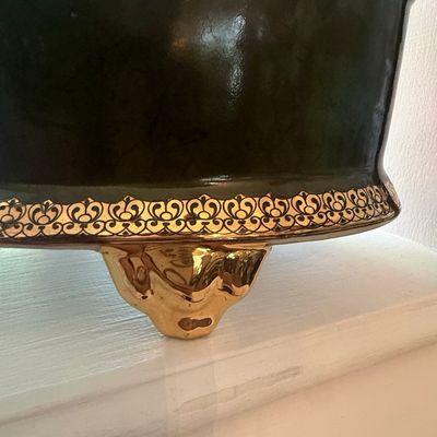Vintage Black Ceramic Footed Cachepot with Gilded Filigree